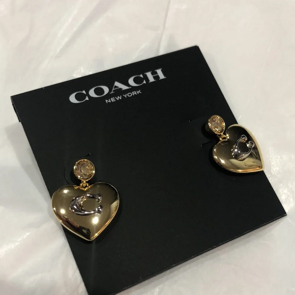 Coach gold plated puffy heart shape citrine gemstone look dangling stud earrings - Picture 8 of 14